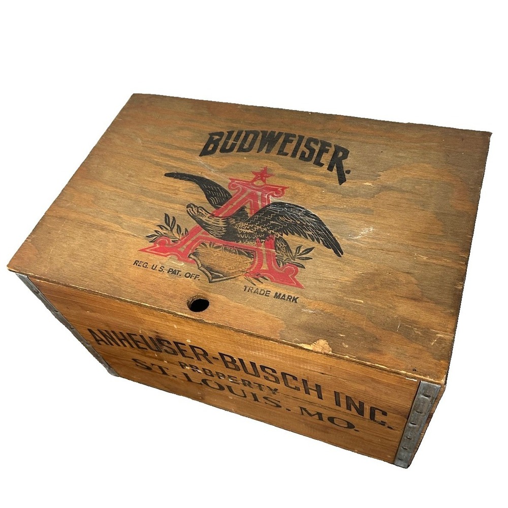 Vintage Budweiser Wood Beer Wooden Crate Box Checkers Anheuser-Busch 1876 Caps